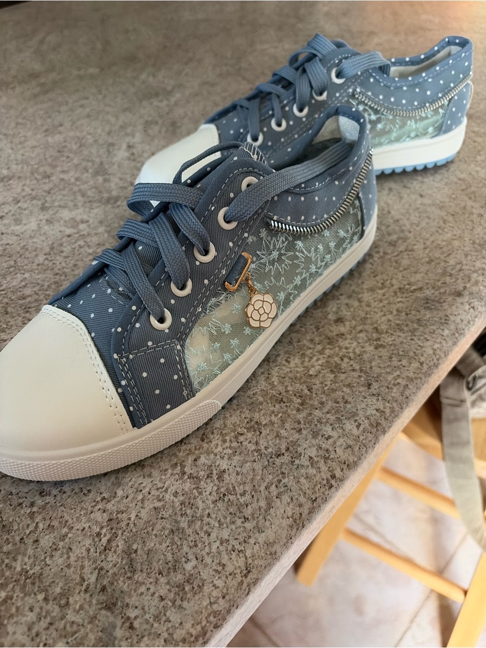 Blue Polka Dot Lace-Up Women's Sneakers with Floral Charm